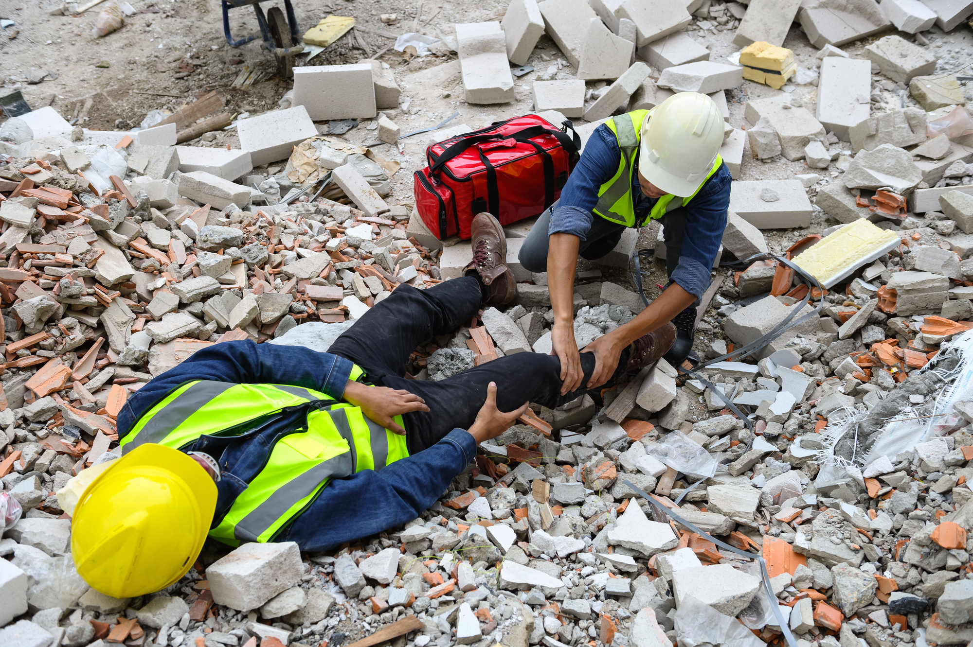 First aid support accident at work of builder worker