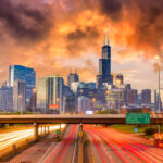 Chicago, Illinois, USA downtown skyline over highways