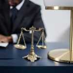 Scales of justice with attorney in the background