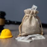 Bag with cash next to a gavel and hardhat