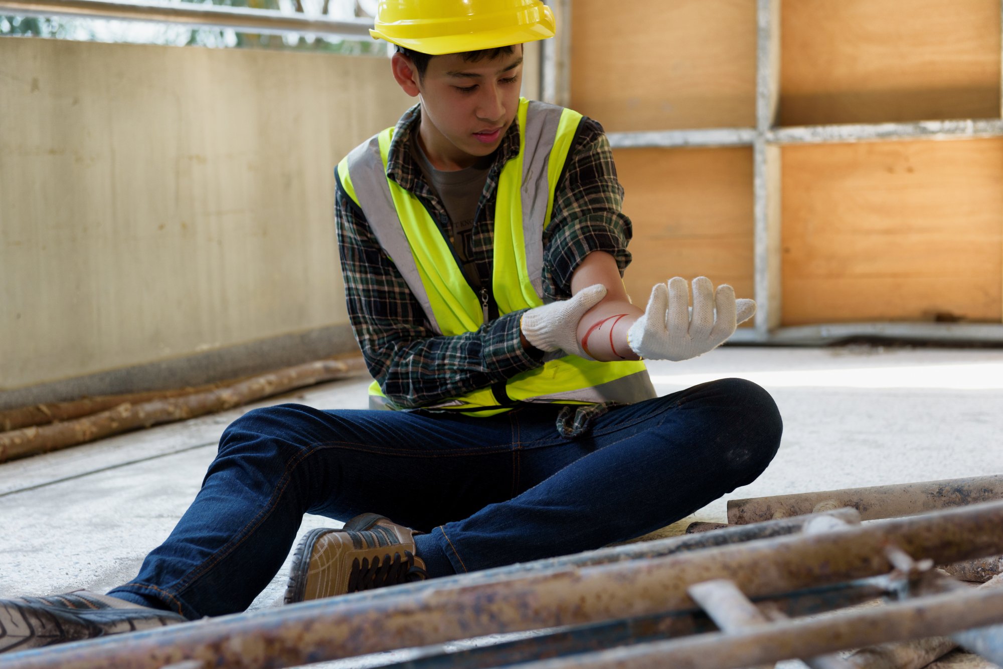 Injury bleeding from work accident in pile of scaffolding
