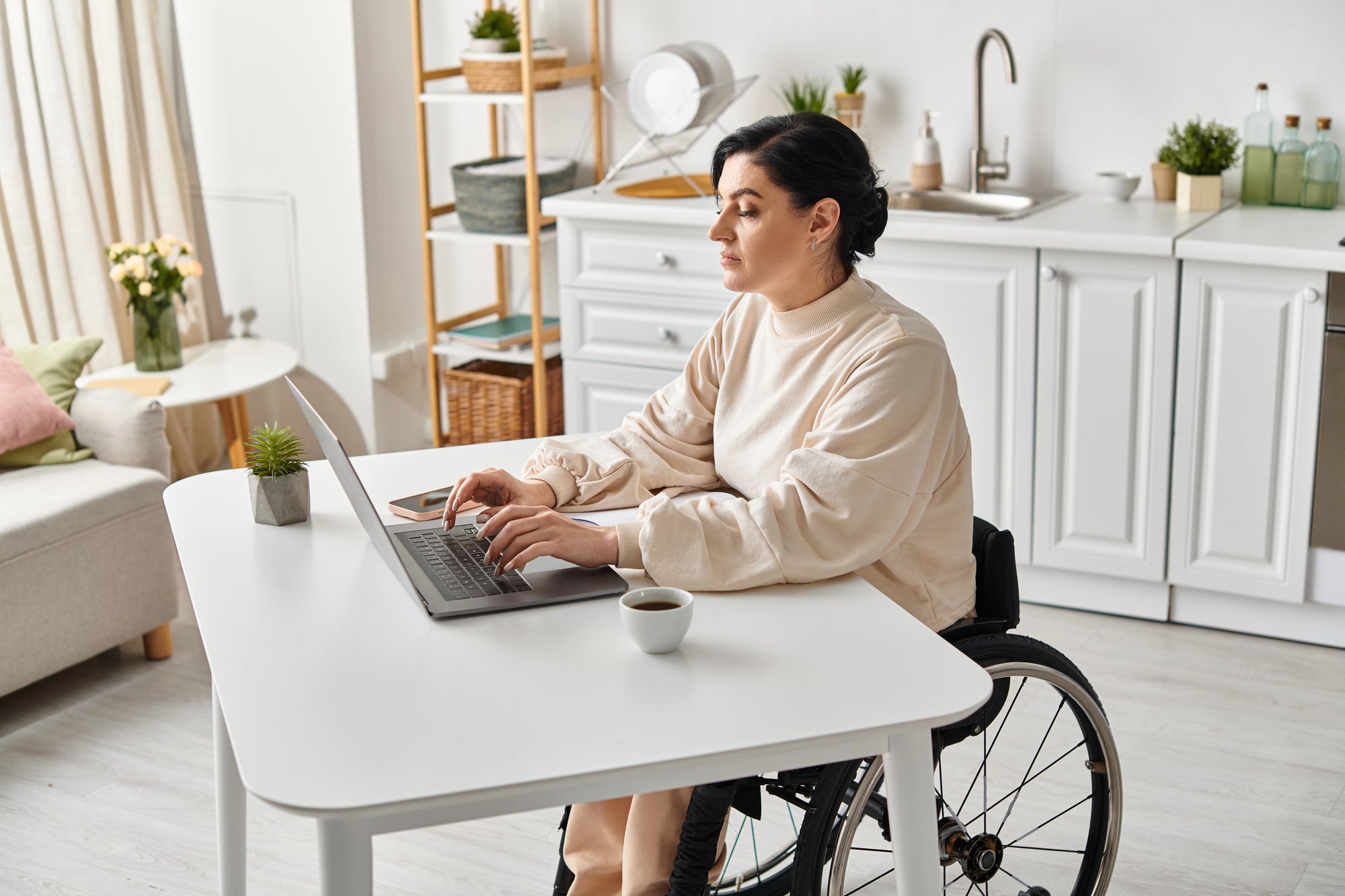 Disabled Woman Wheelchair Works Remotely Her Laptop