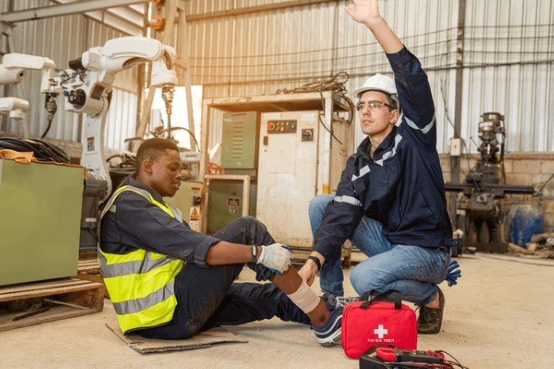Injured employee being helped by a co-worker