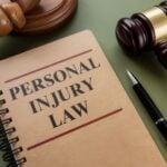 Personal injury on note book with gavel and pen