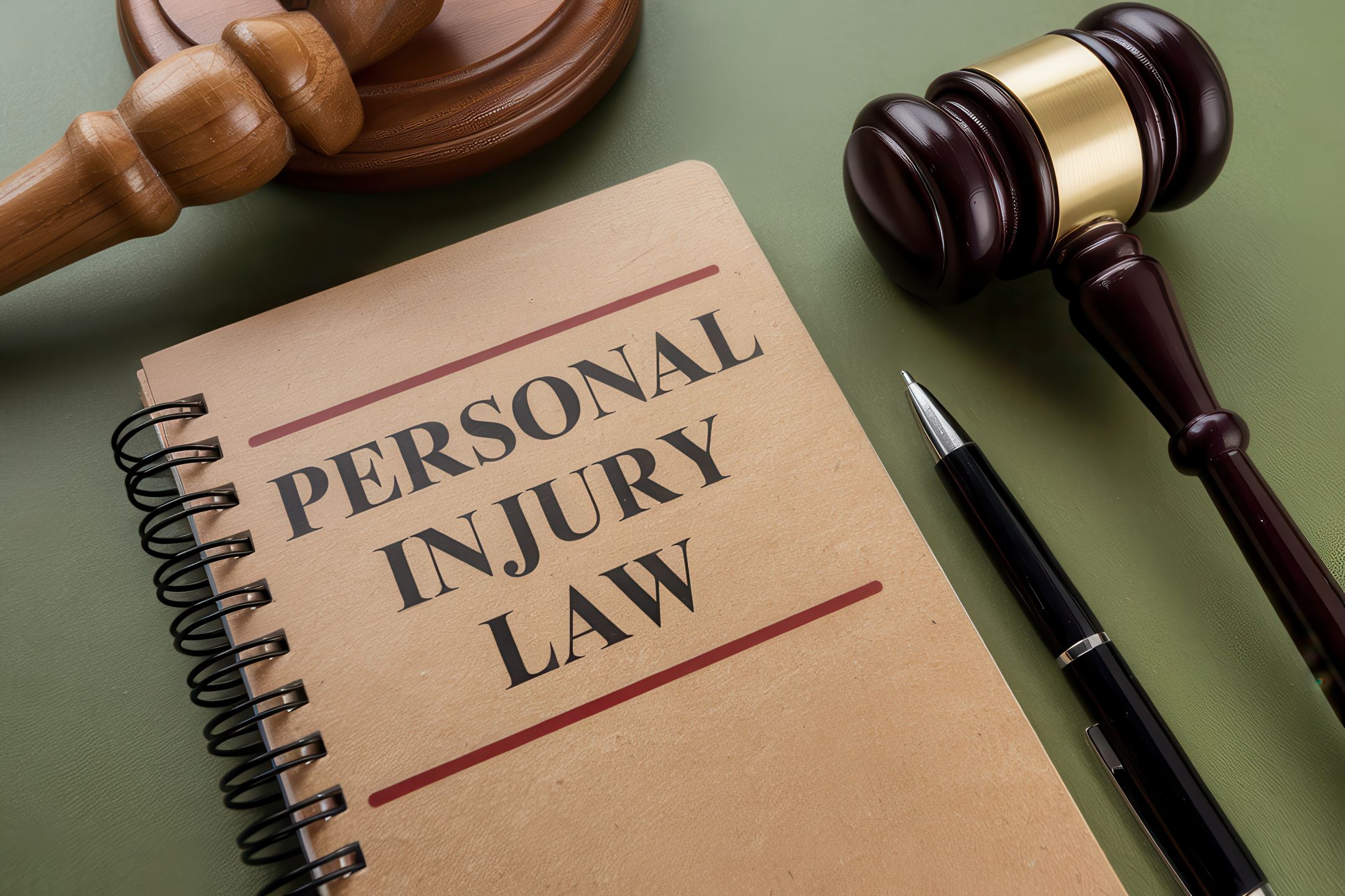 Personal injury on note book with gavel and pen