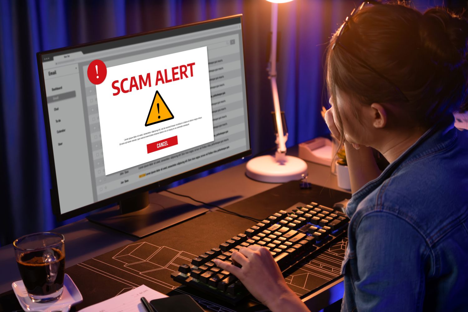 Employee seeing a scam alert on their computer Employee seeing a scam alert on their computer