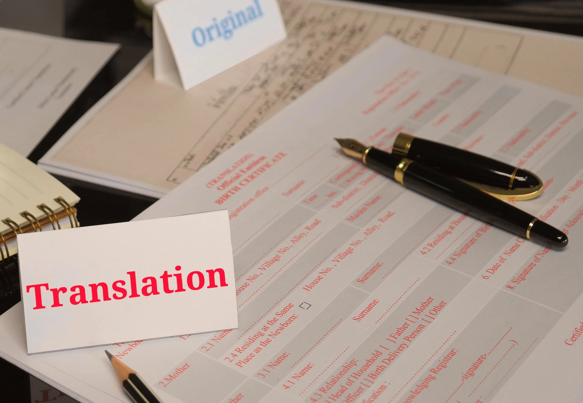 Translation paperwork on table in office