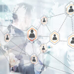 Social network with connected people 3D icons on map