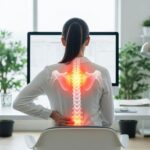 Woman working in front of a table back pain
