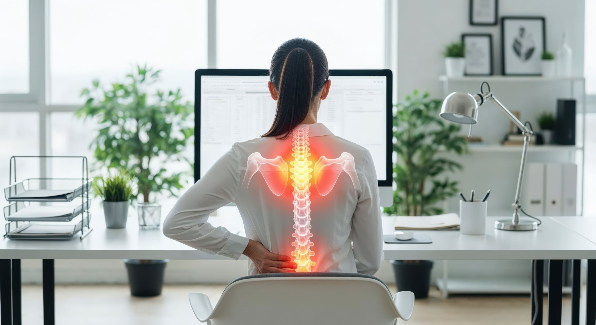 Woman working in front of a table back pain