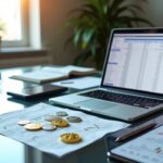 Desk with a laptop and crypto coins