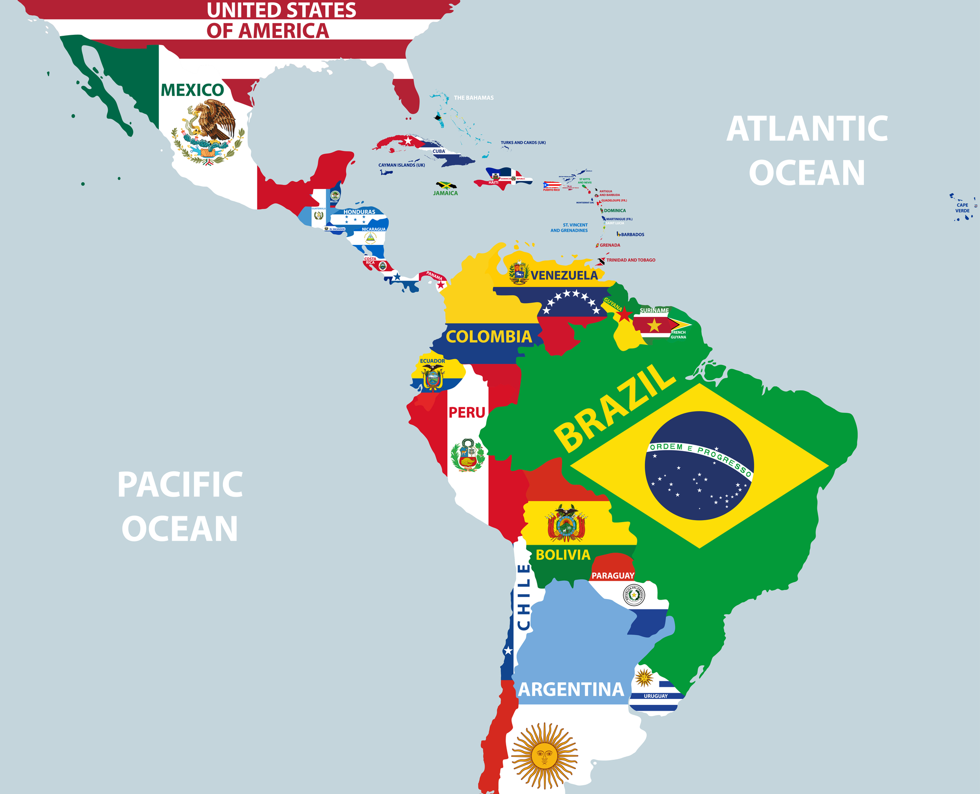 World map with region of Latin American countries