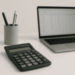 Desk with calculator and laptop