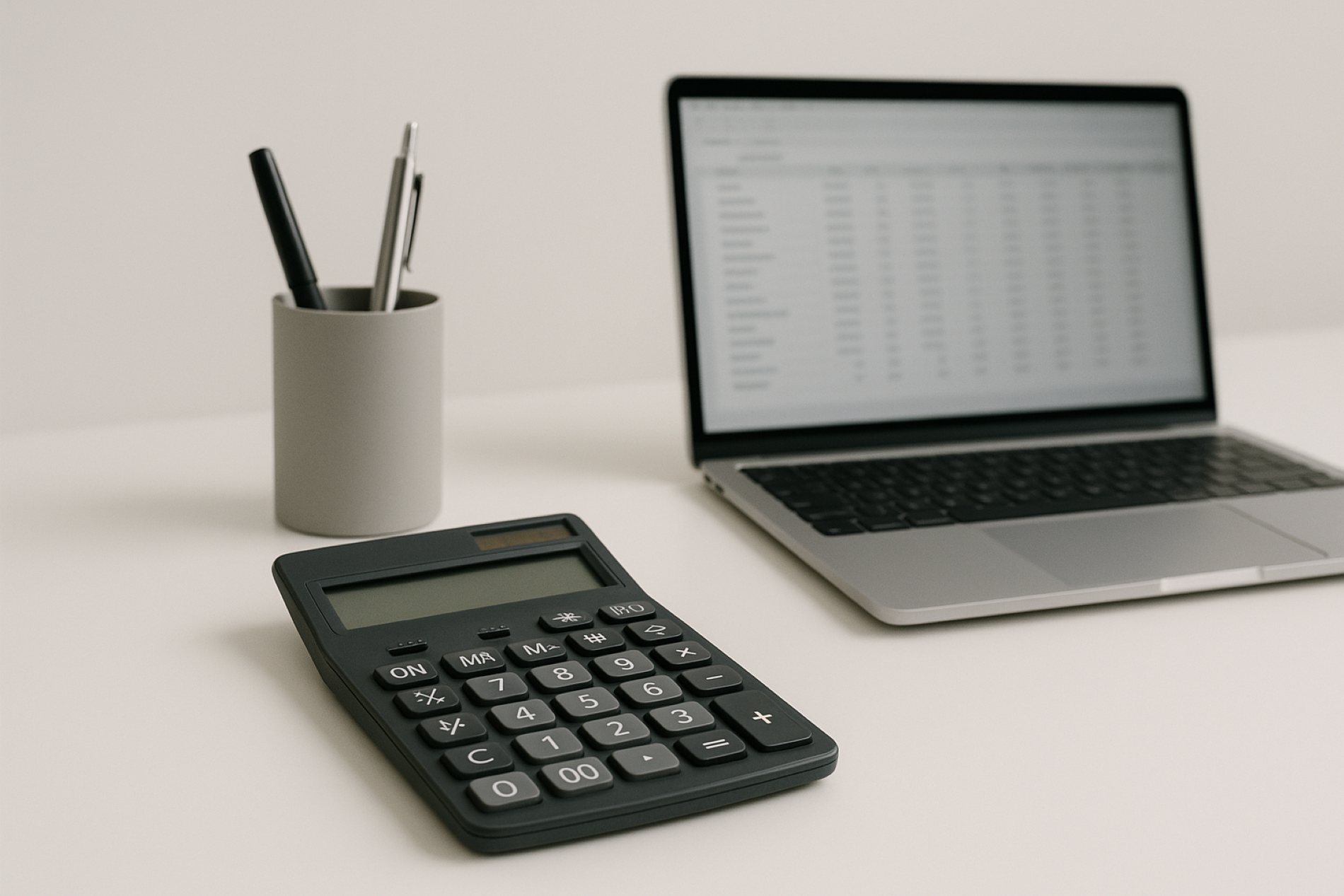 Desk with calculator and laptop