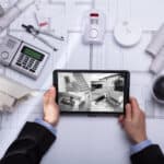 Person watching footage on digital tablet with security equipment on a table