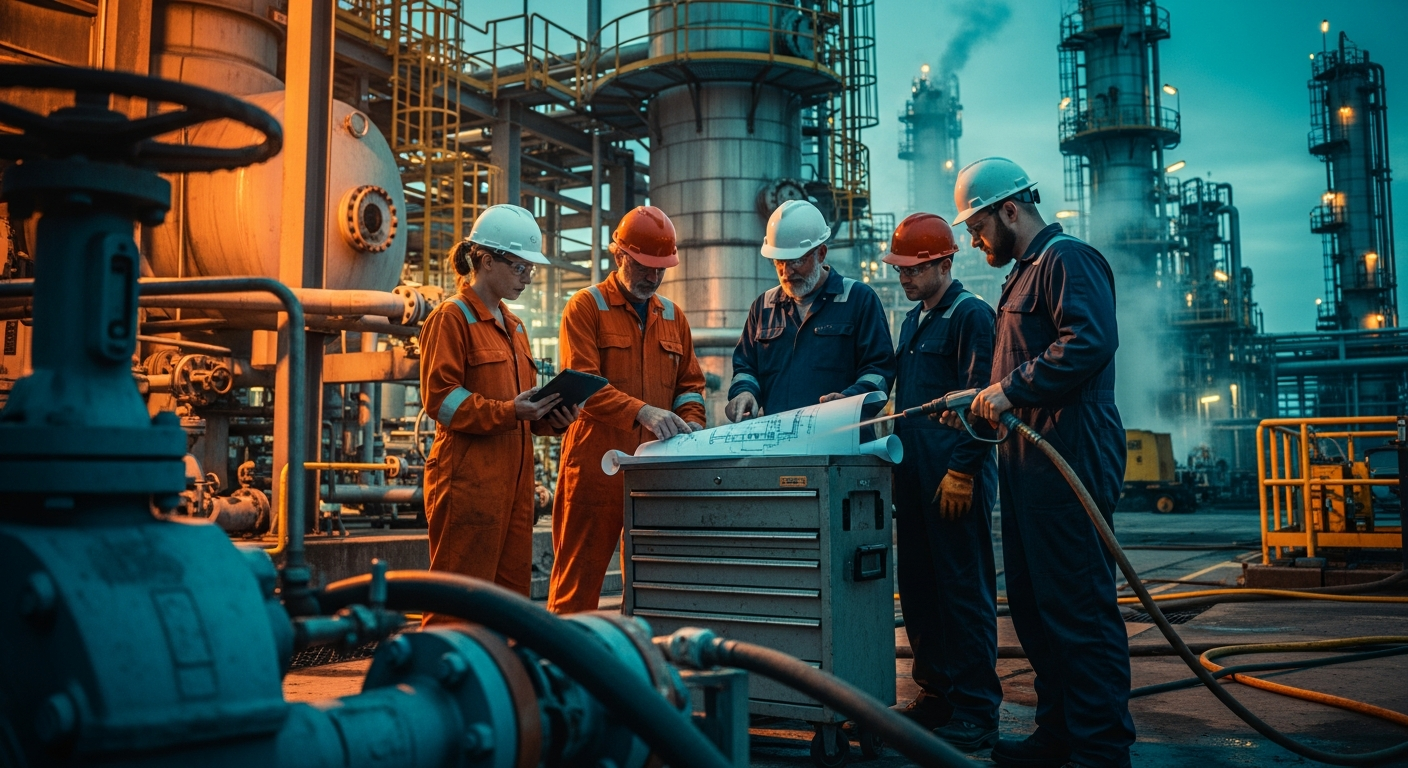 Safety team looking at blueprints