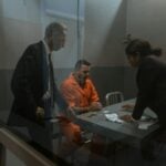 A tense interrogation in progress with a handcuffed inmate