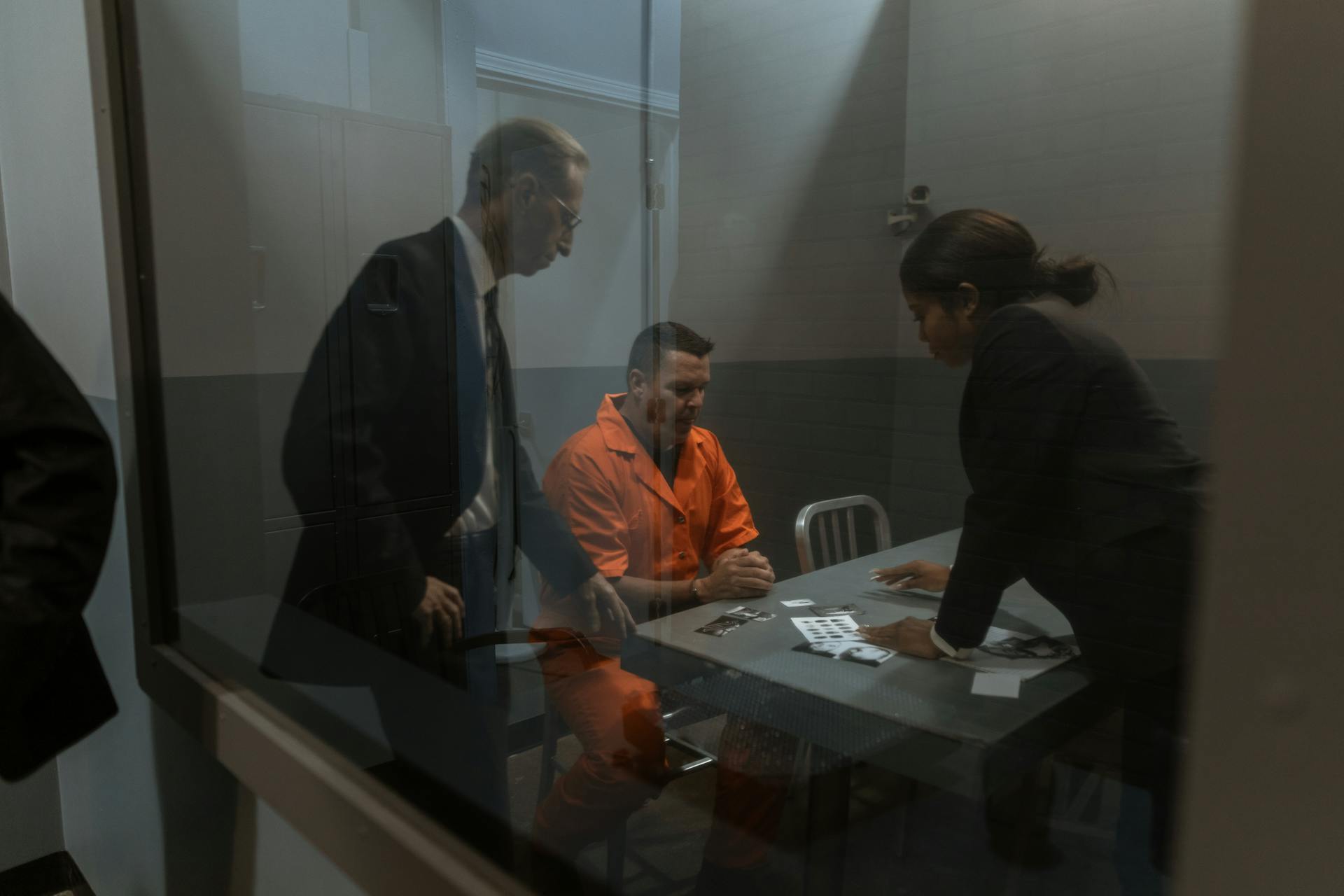 A tense interrogation in progress with a handcuffed inmate