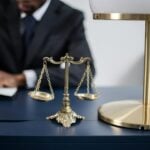 Elegant legal office with a close-up of golden scales of justice
