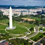 A breathtaking aerial view of the Washington Monument surrounded by cityscape and green landscapes