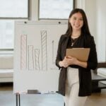Career Development Benefits Employees are Actually Using in 2026 8 Confident businesswoman presenting charts and data analysis on a whiteboard in a modern office setting