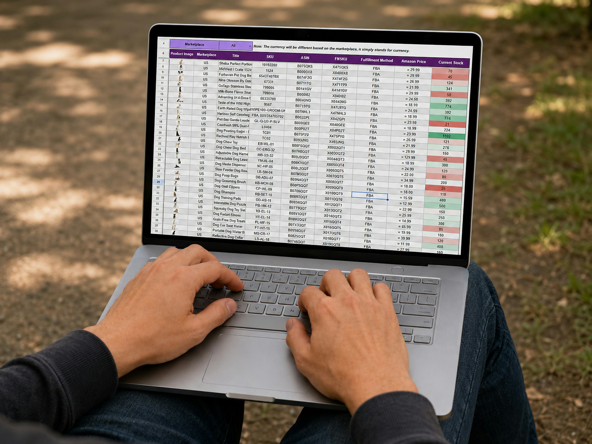Person working on a laptop with a spreadsheet outdoors