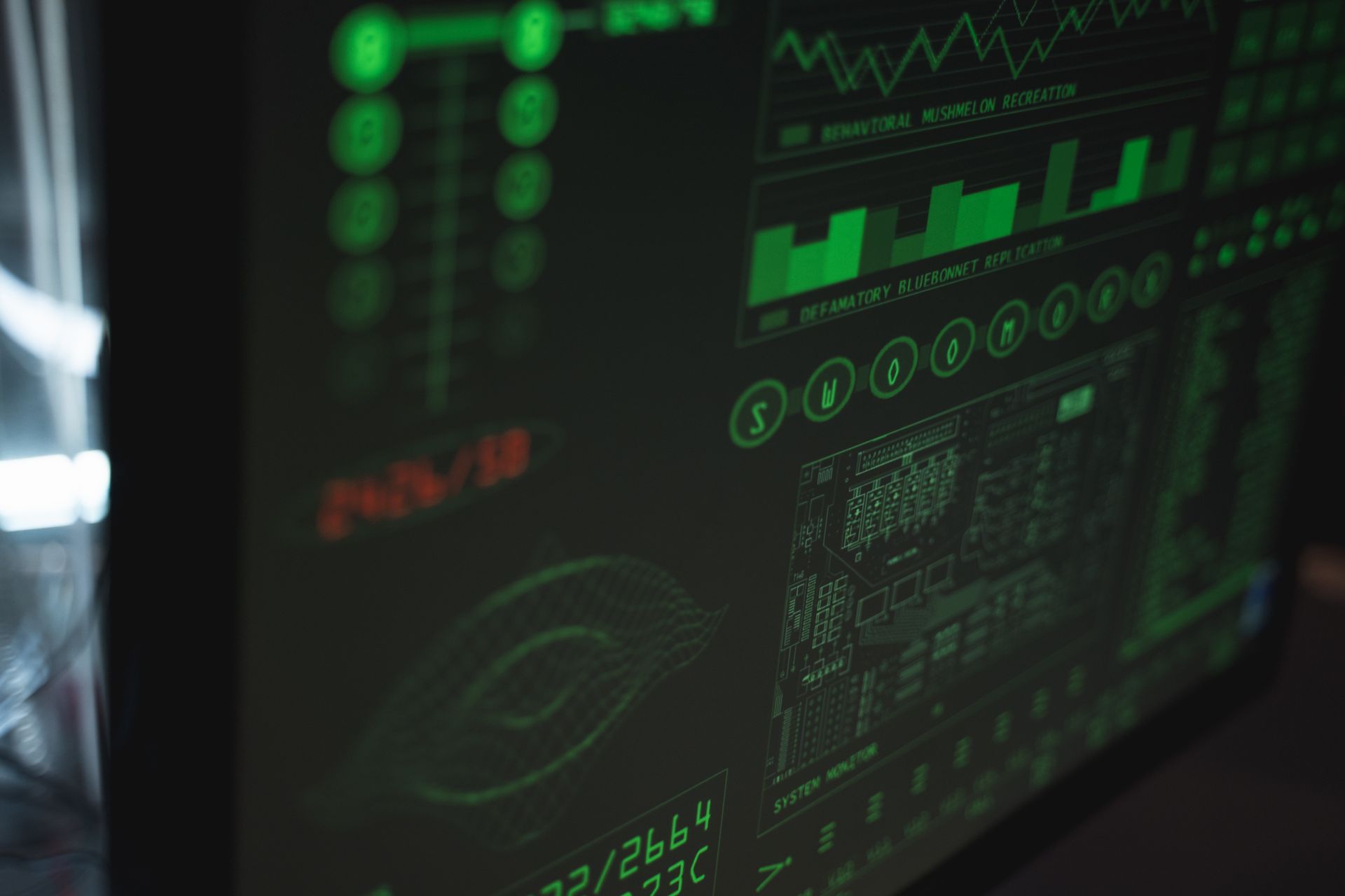 Close-up view of a computer displaying cybersecurity and data protection interfaces in green tones