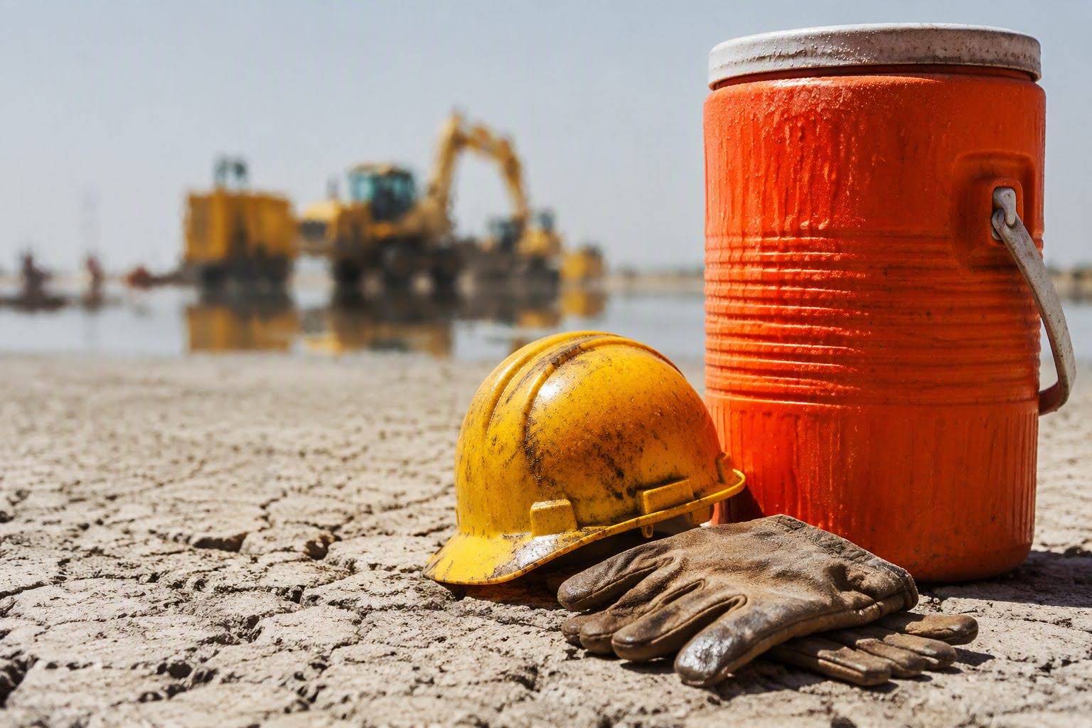Water cooler, a hard hat, and gloves in a worksite